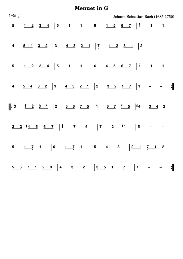 小步舞曲旋律的简谱，1=G，3/4 拍，八行数字，用圆点表示八度